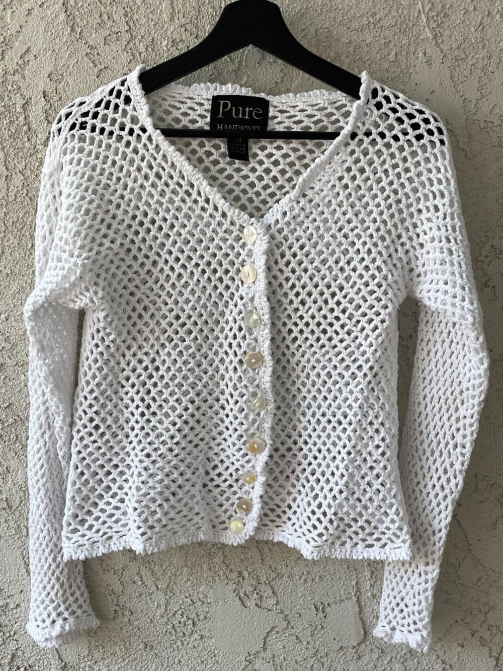 Vintage 2000s Pure Handknit White Crochet Cardigan Boxy Y2K Cottagecore Size S/M